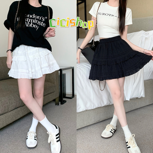 Cicishop(1023)กระโปรงผ้าฝ้าย เอวสม๊อก แต่งระบายมีซับด้านใน สามารถจับเเมทซ์ได้ทุกลุค