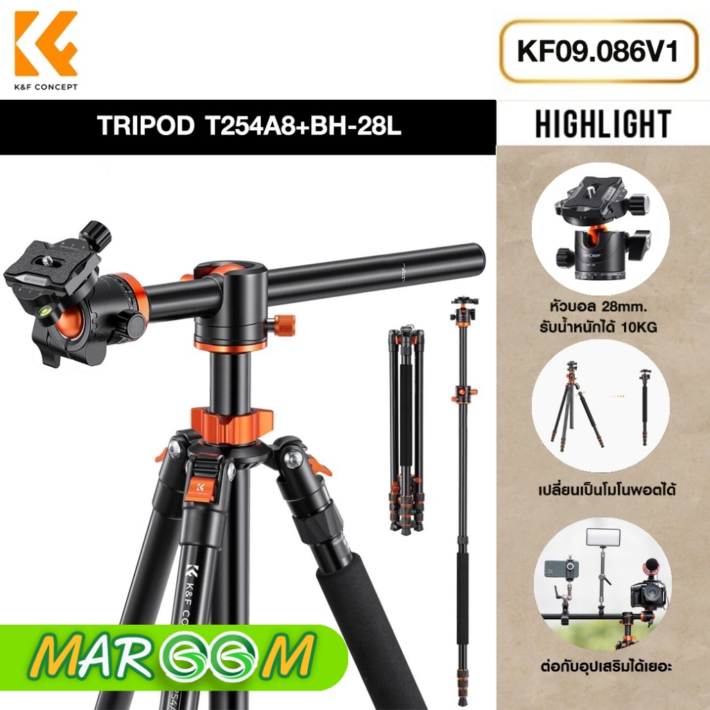 Tripod Transverse Center Column 22lbs/10kg Load with Detachable Monopod for DSLR SLR, T254A8+BH-28L