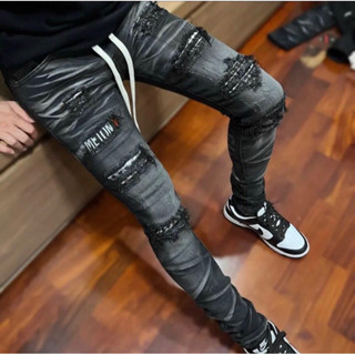 กางเกงยีนส์ขาเดฟผ้ายืด แต่งขาดปะเท่ห์ๆป้ายต้น รหัสKM024