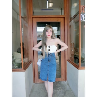 Cc jeans 243 S-5XL กระโปรงยีนส์ ยืด ผ่าหน้า สียีนส์ฟอก