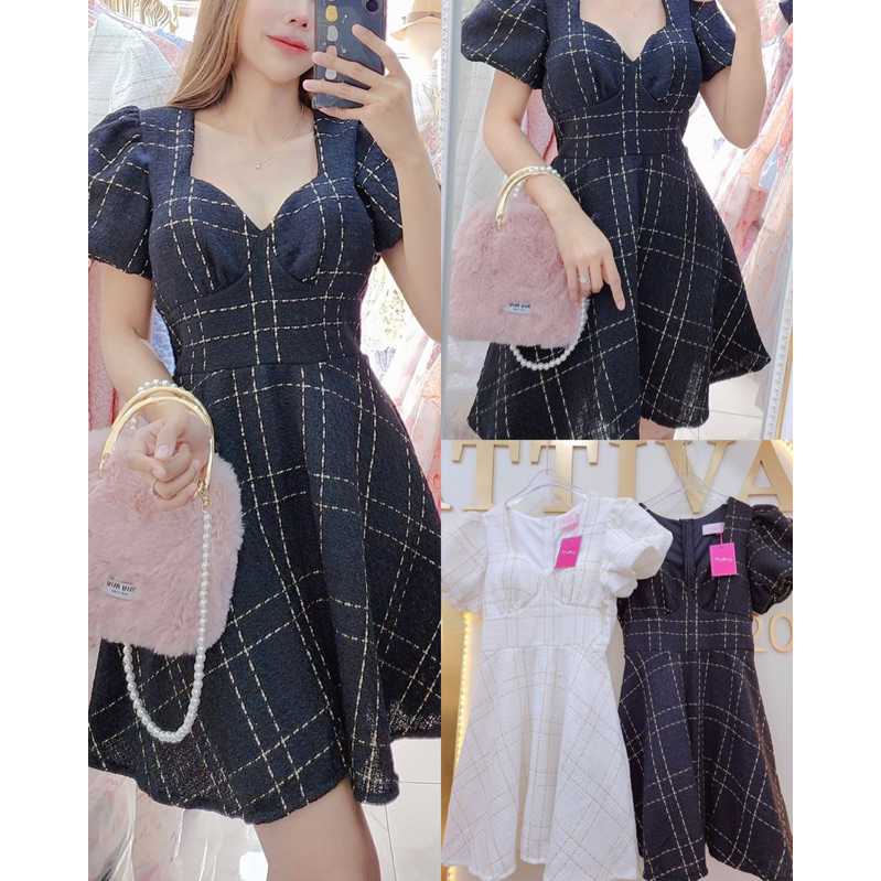 Hot Item เดรสสั้นผ้าทวิตชาแนลปักดิ้นทองดูแพงสไตล์ลูกคุณหนู#Maisie Shop