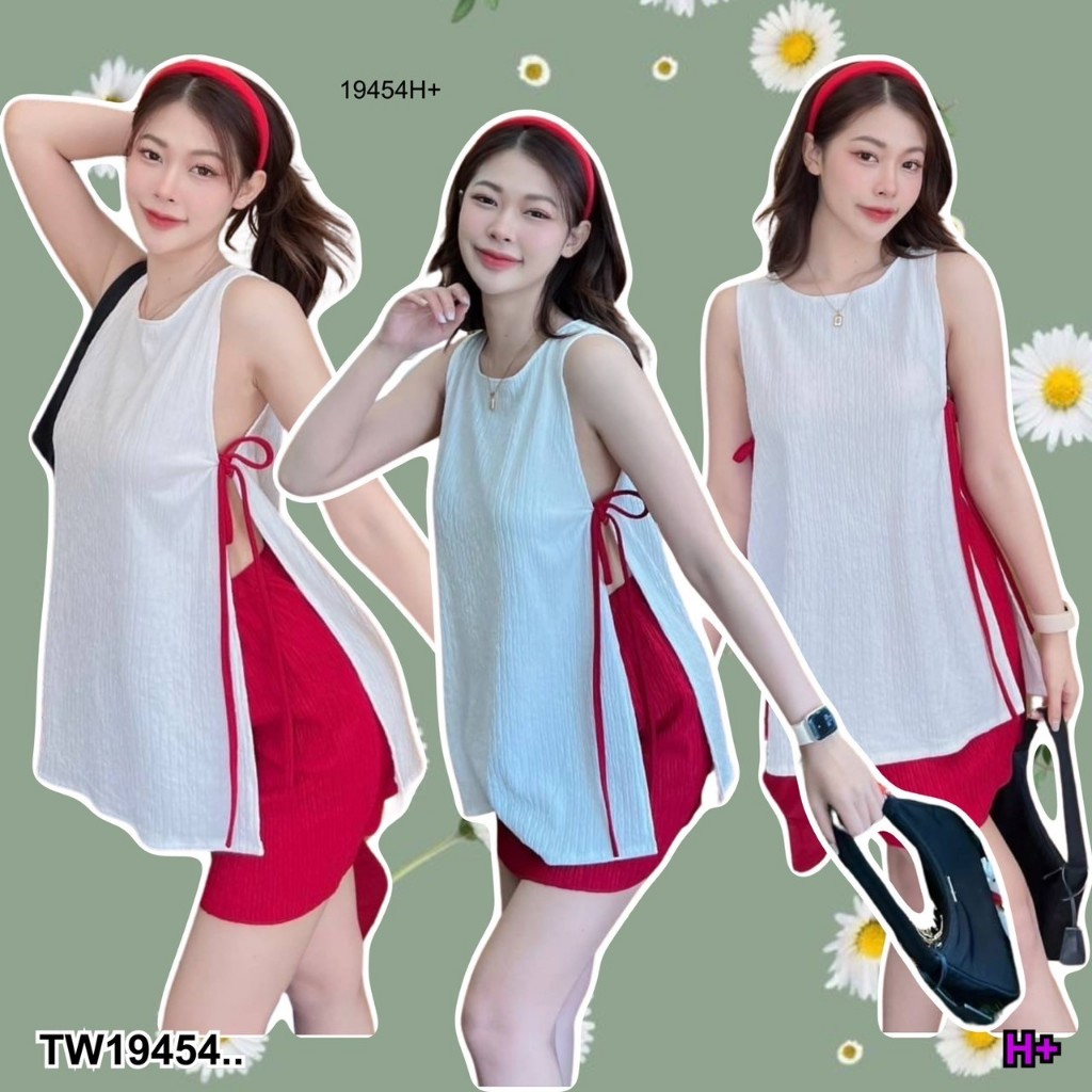 MF19454  Set 2 ชิ้น เสื้อคอกรมแขนกุดแหวกด้านข้าง มีสายผูกด้านข้าง มาพร้อมกับกระโปรง ชอบสีแดง ตั้งแต่