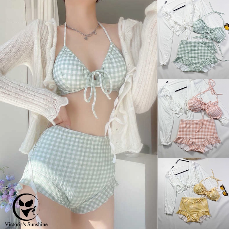 ชุดว่ายน้ํา ทูพีช บิกินี่ เอวสูง bikini ผูกคอ ขัดแตะ สามสี พร้อมส่งจากไทยครับ#0193