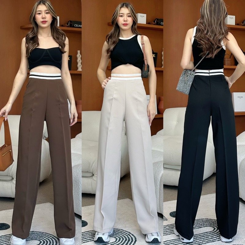 กางเกงขายาว ทรงขากระบอกเอวสูง แต่งขอบเอวทูโทน (ขนาด S-XL) มีหลายสีให้เลือก