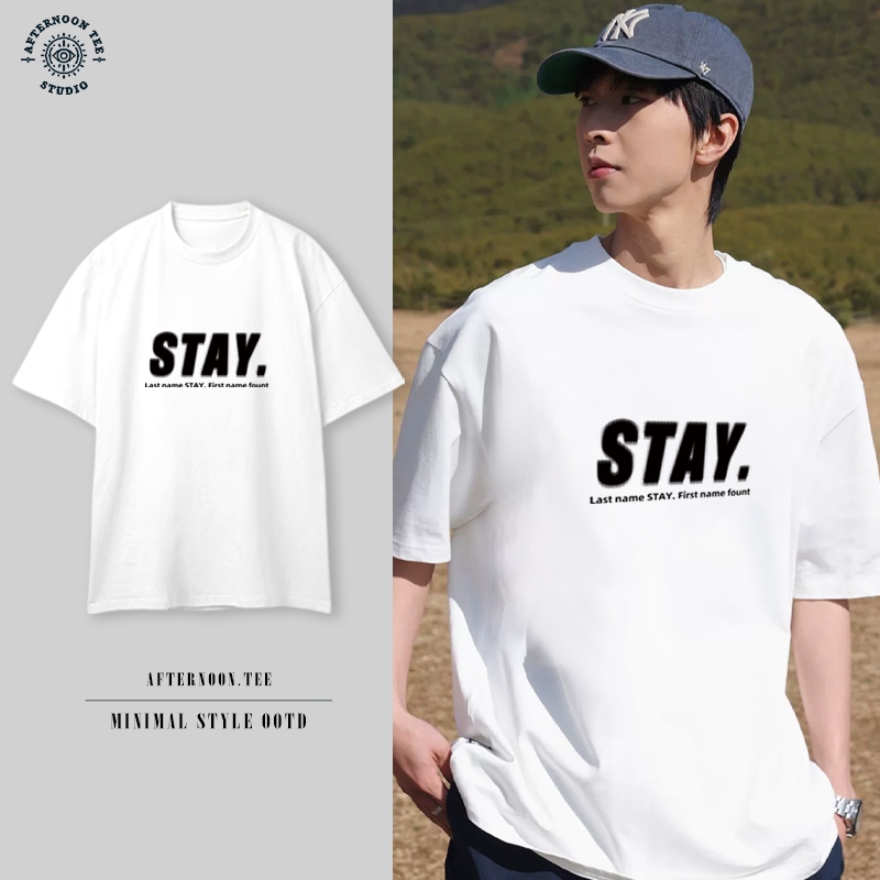 teetwoone เสื้อยืดผู้ชาย  oversize ผ้าคอตตอน สไตล์เกาหลีลายSTAY. คอกลมแขนสั้น ผ้าฝ้ายใส่สบาย ขาวดำ