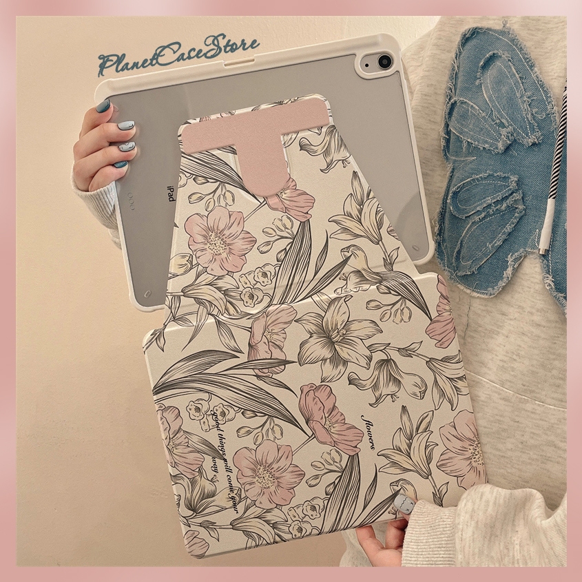 🔥พร้อมส่ง🔥เคสiPadหมุน 360° Air6 Air7 Air8 11/13 แผ่นหลังอะครีลิ Vintage Lily Gen12 Gen11/10 เคสไอแพด