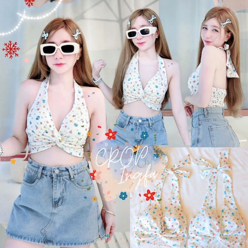 ใส่โค้ด [BYZAZA2] ลด15% เสื้อครอปอิงฟ้า ผูกโบว์ อกไขว้ มีฟองอก ทรงสวย ผ้าลายดอกน่ารักก