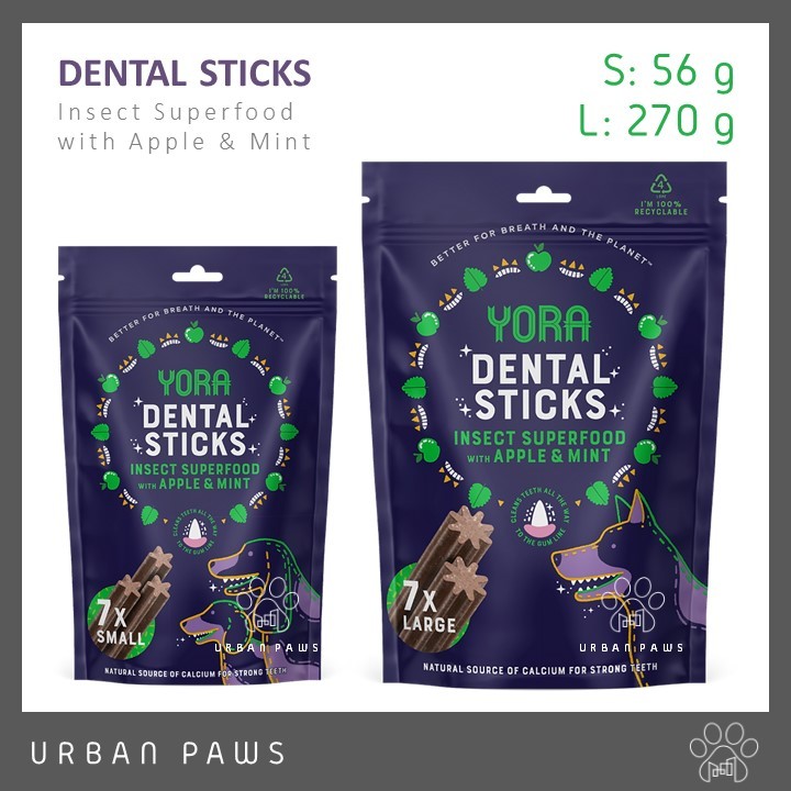ขนมขัดฟันสุนัข YORA Insect Dental Sticks จากโปรตีนแมลง แอปเปิ้ลและใบมิ้นท์ 7 แท่ง/ซอง