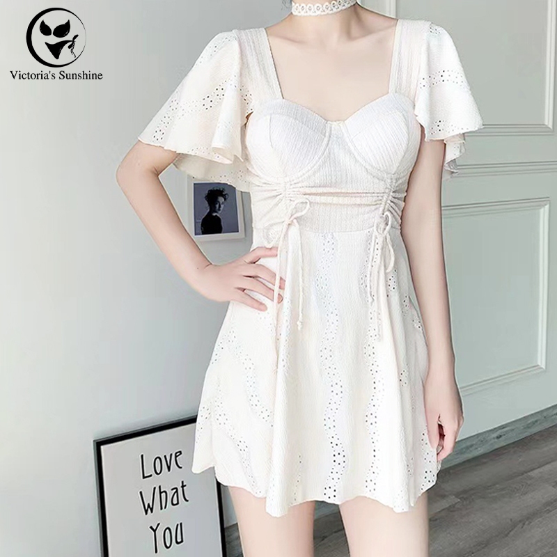 ชุดว่ายน้ํา สาวอวบ ชุดว่ายน้ําวันพีช beach dress เอวสูง ผ้ากลวง เข็มขัดเอวปรับได้ สไตล์อนุรักษ์นิยม#0093