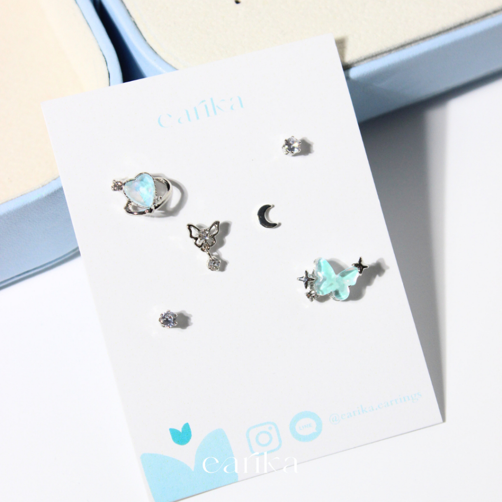earika.earrings - shiny celeste nebula planet  เซ็ตต่างหูธีมผีเสื้อสีฟ้า ก้านเงินแท้ เหมาะสำหรับคนแพ