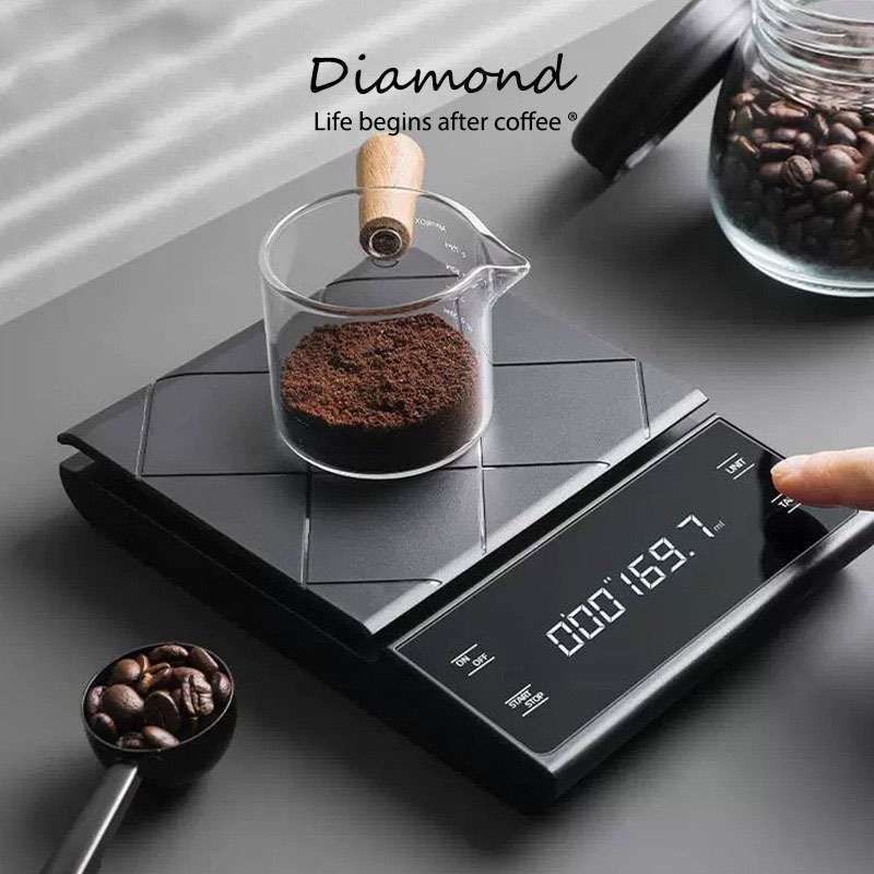 ❤ Diamond Coffee เครื่องชั่งกาแฟดิจิตอล จับเวลา ใช้ถ่าน AAA จอLED ระบบทัชสกรีน(3กก./0.1ก)Coffee Digital Scale