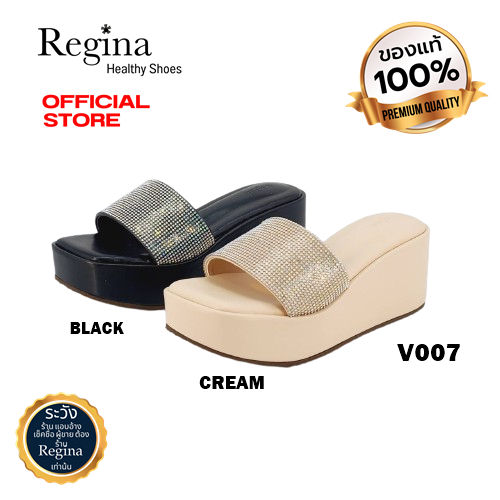 Regina รองเท้าส้นตึก รองเท้าเพื่อสุขภาพสำหรับผู้หญิง รุ่น V007 แบบสวมประดับแผ่นคาดแบบเพชร พื้นด้านในนุ่มๆ สวมใส่สบายตลอด