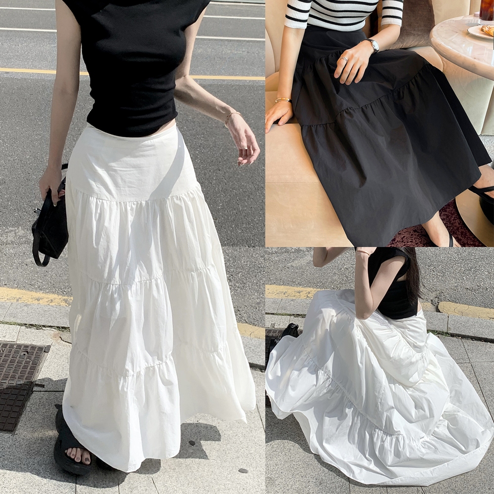 Beryl กระโปรงทรงเอ กระโปรงยาวผู้หญิงสง่างามสีขาวสไตล์นางฟ้า，สีพื้น，ลายสก็อต