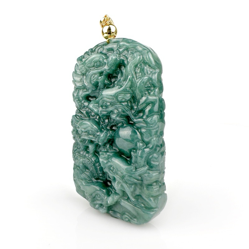 PDJA-9D-BL จี้หยกแกะลายมังกร จี้หยกมังกรเก้าตัว(9มังกร) หยกแท้ Jadeite A พร้อมเชือกร่มสำหรับร้อยขึ้นคอ