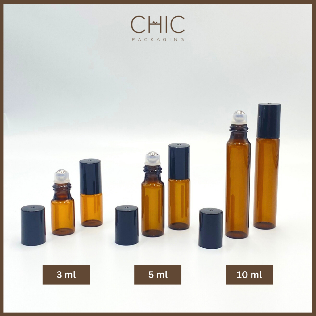 พร้อมส่ง ขวดลูกกลิ้งแก้วสีชา 3/5/10ml ฝาดำ หัวลูกกลิ้งแบบโรลออน ใส่น้ำมันหอมระเหย น้ำหอม