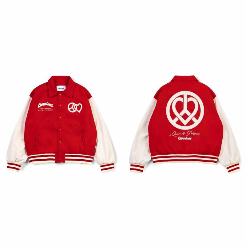 [ พร้อมส่ง ] เสื้อแจ็คเก็ต CARNIVAL FW23 CARNIVAL LOVE AND PEACE VARSITY JACKET RED