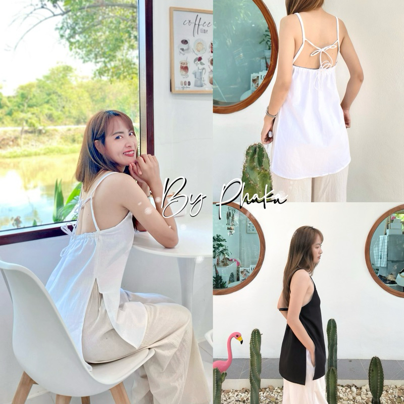 BY PHAKA | เสื้อสายเดี่ยวผ้าฝ้ายมินิมอล ดีเทลรูดด้านหลัง