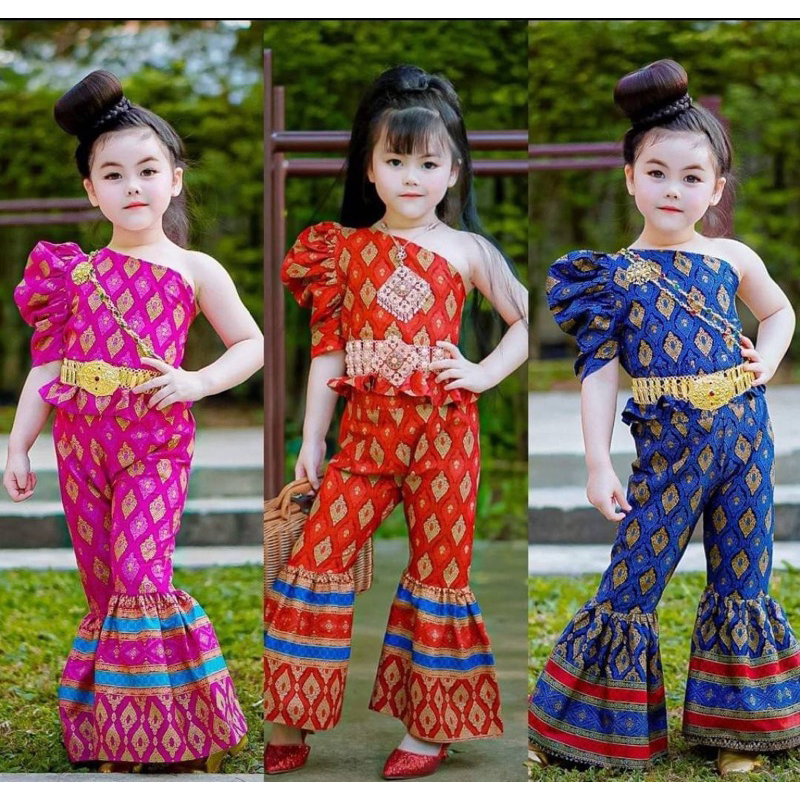 (รหัสPC)ชุดไทยเด็กผู้หญิงผ้าพิมพ์ทองลายไทย เสื้อ + กางเกงขาบาน ไม่รวมเครื่องประกับทุกชนิด ชุดไทยประยุกต์สมัยใหม่