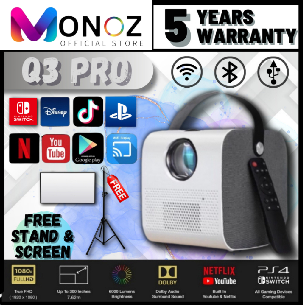 （ให้ใบแจ้งหนี้）MONOZ 1080P HD แอพในตัว Android Q3 Pro Projector (รับประกัน 5 ปี) มินิโปรเจ็กเตอร์