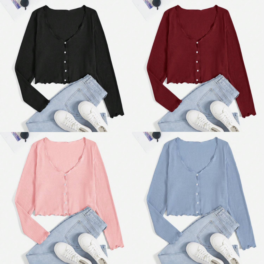 พร้อมส่ง เสื้อสาวอวบ เสื้อยืดแขนยาวพลัสไซต์ ขอบหยัก แต่งกระดุมหน้า อก36"-54"