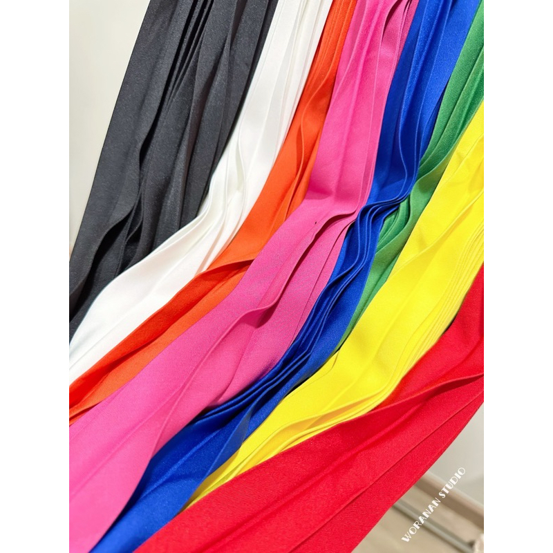 กางเกงอัดพลีทขายาวเอวสม๊อคทรงปลายบานงานสีพื้นสีสันสดใส - รูปที่ 3