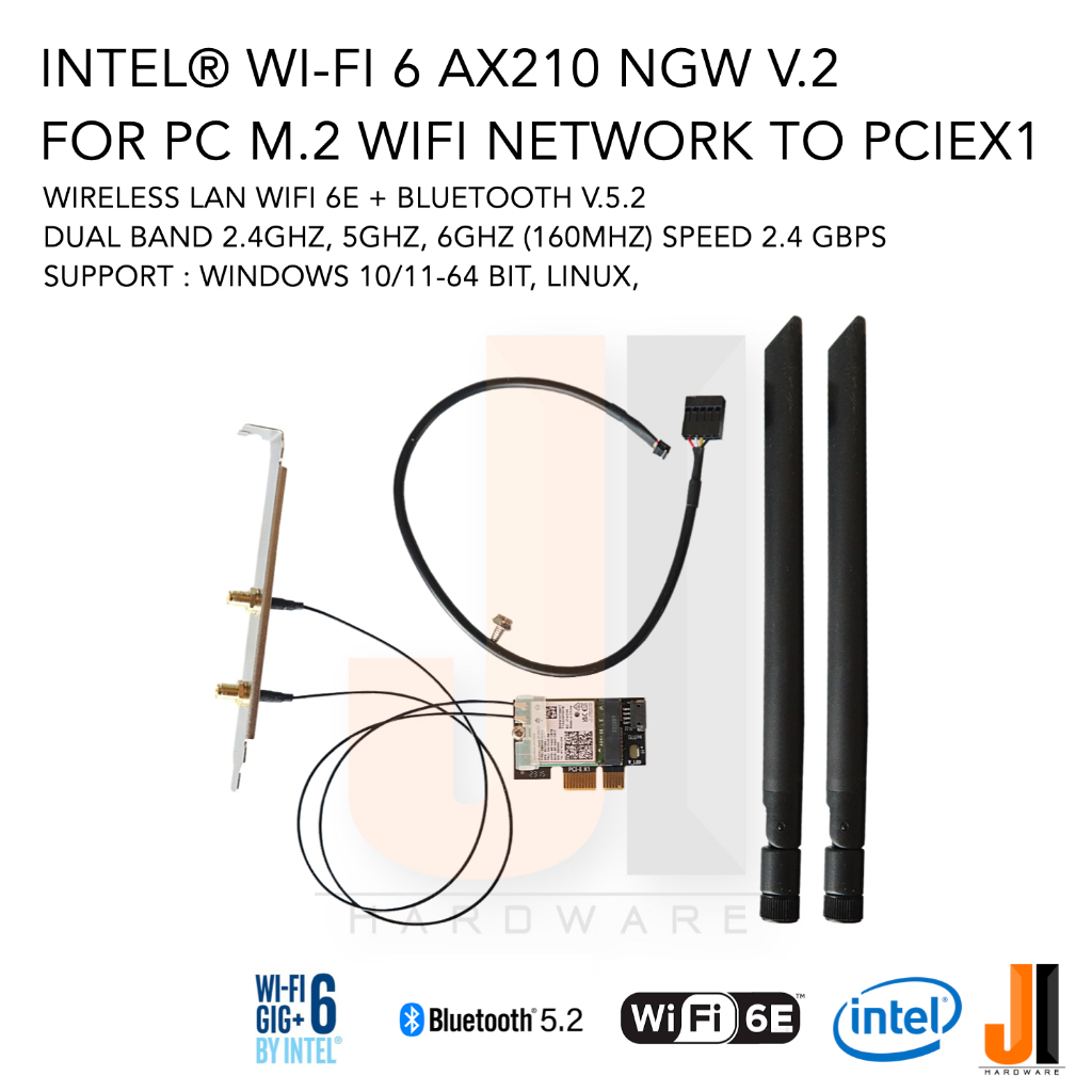 Intel® Wi-Fi 6 AX210 for PC Pci-e X1 wireless lan + bluetooth v.5.2 dual band + 8 DB Antenna V.2 (ขอ