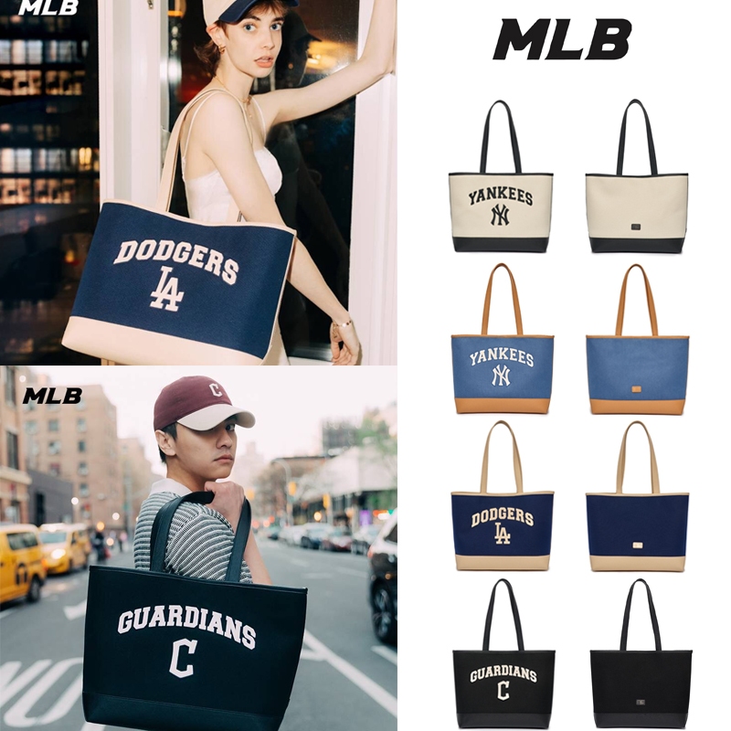 MLB NEWตัวอักษรโลโก้ตกแต่งสบายๆสไตล์วิทยาลัยขนาดใหญ่ความจุมือถือ Tote Bag กระเป๋าช้อปปิ้ง Unisex คู่สไตล์สีดำ/สีขาวNY