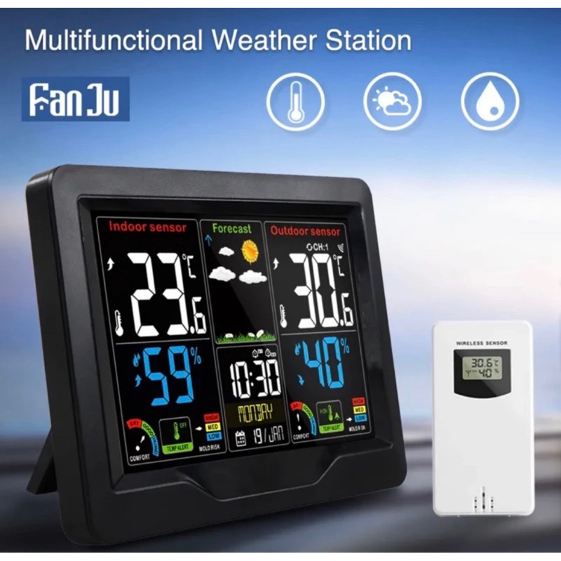 FanJu FJ3383C สภาพอากาศสีจอแสดงผลนาฬิกาดิจิตอลปลุกบารอมิเตอร์เครื่องวัดอุณหภูมิเครื่องวัดความชื้นกลางแจ้งเซ็นเซอร์แนวโน้