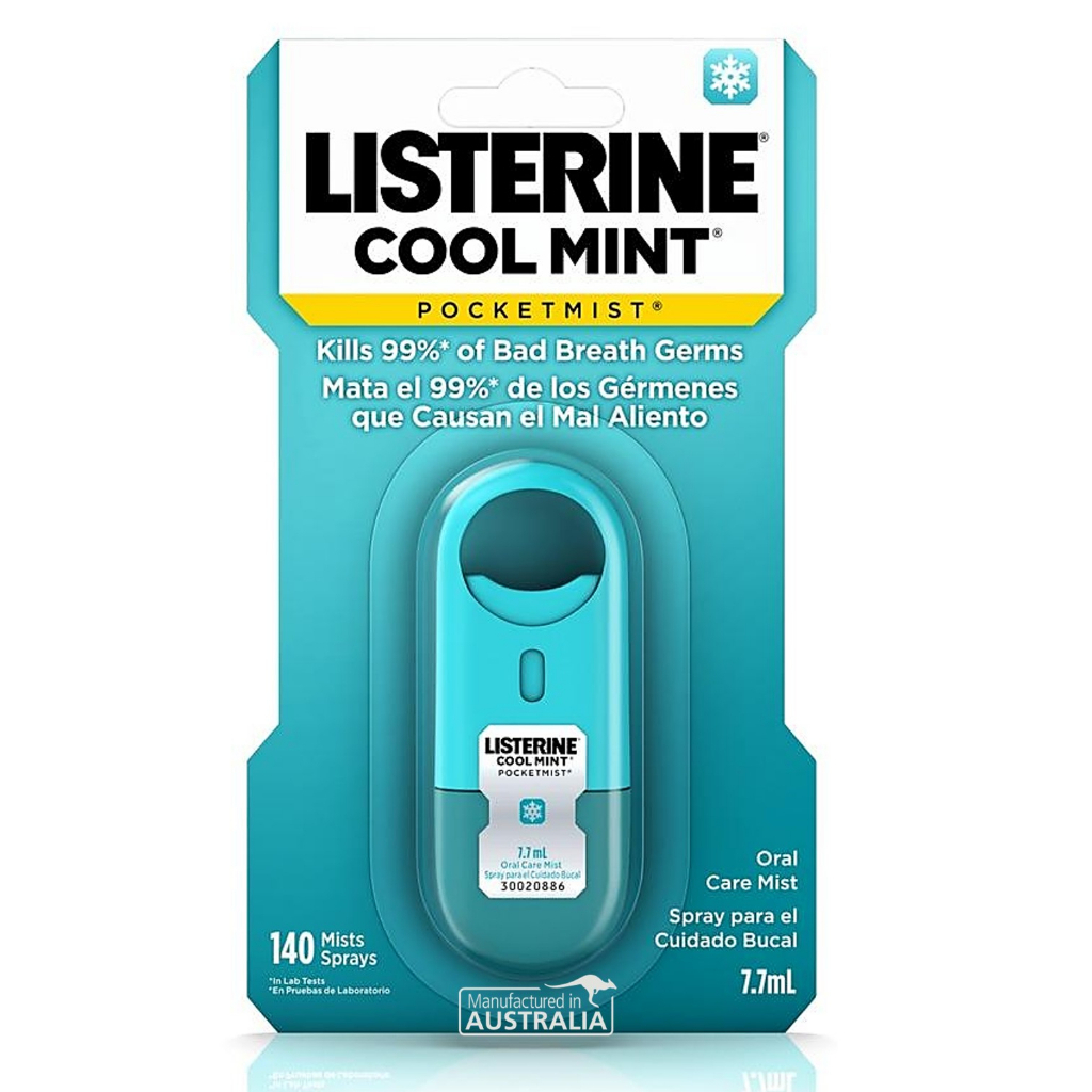 Listerine Cool Mint Pocket Mist Spray ลิสเตอรีน สเปรย์ ระงับกลิ่นปาก ลมหายใจหอมสดชื่น พกพาสะดวก ขนาด
