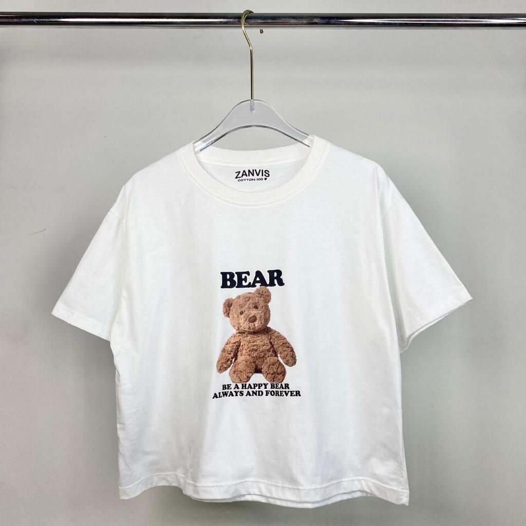 เสื้อครอปสกรีนลาย น้องหมี มีให้เลือก 7 size 14 สี คอกลม