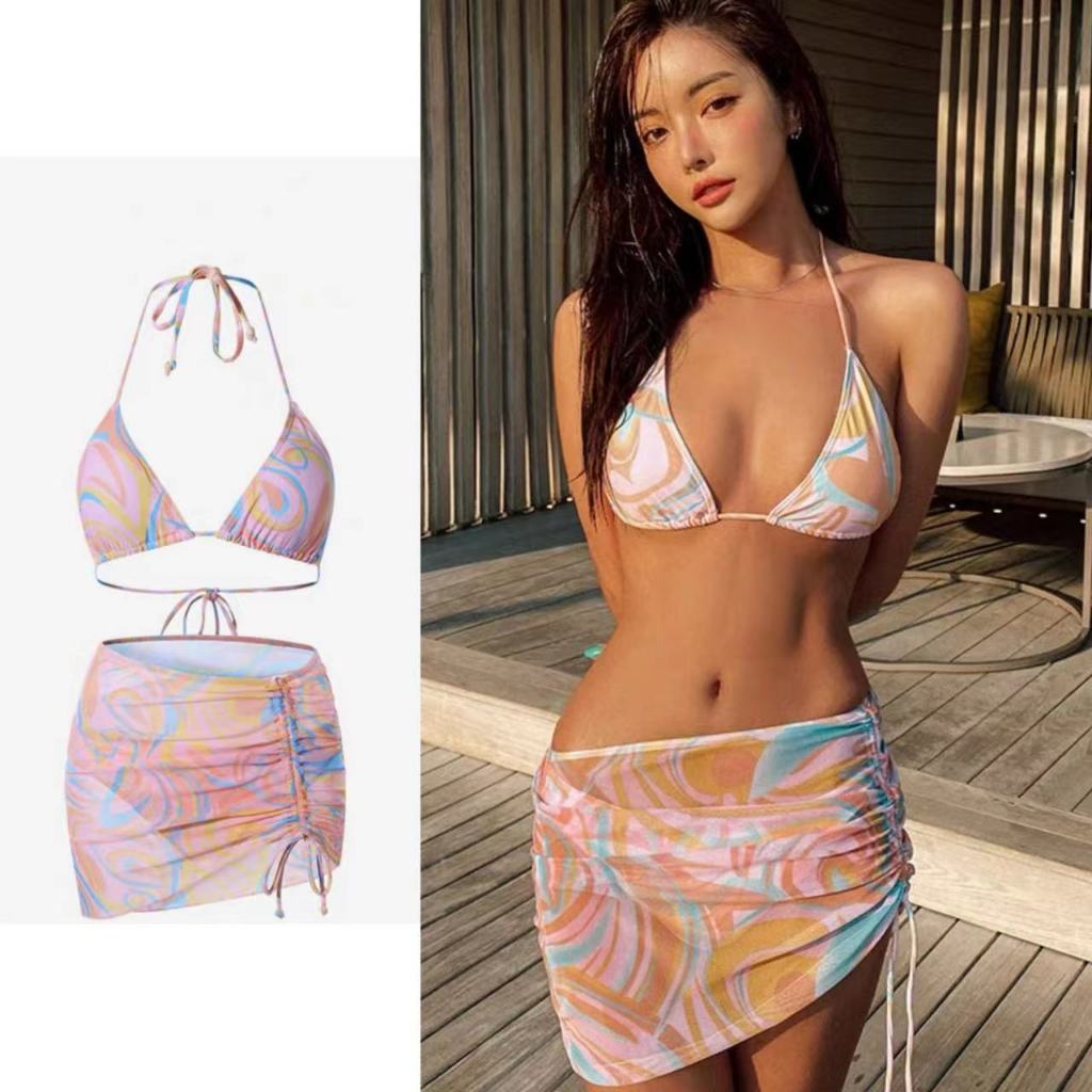 พร้อมส่งในไทย ชุดว่ายน้ำ bikini ชุดว่ายน้ำ 3 ชิ้น ผูกคอ มีฟองและซับใน มาถึงใน 1-3 วัน#0171