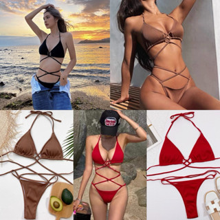 พร้อมส่งจากไทย บิกินี่ ชุดว่ายน้ำBrownie bikini เซตทูพีชสีน้…