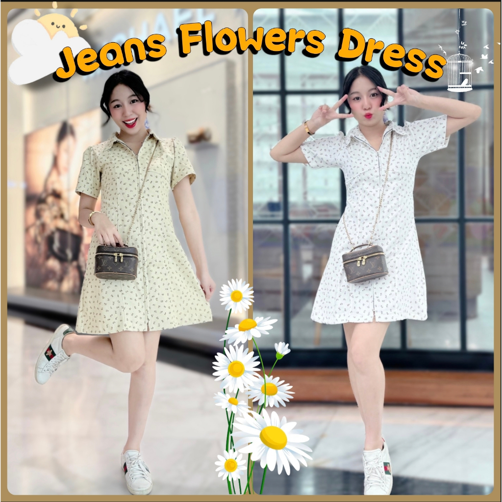 Jeans flowers dress#2 เดรสกระโปรงยีนส์ ลายดอกไม้ คอปก เอวสม็อคเข้ารูป