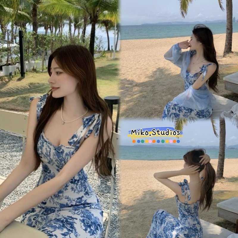 Miko พร้อมส่ง ชุดชายหาด กระโปรงแขวนรูปถ่ายท่องเที่ยวริมทะเลที่อ่อนโยนและแสนหวาน ชุดไปทะเล
