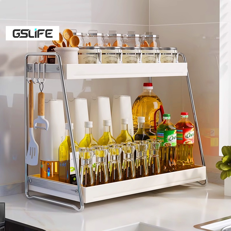 GSlife ชั้นวางเครื่องเทศ ที่วางเครื่องปรุงรส สแตนเลส เรียบง่ายและสง่างาม ชั้นวางของในห้องครัว Condiment Seasoner Rack