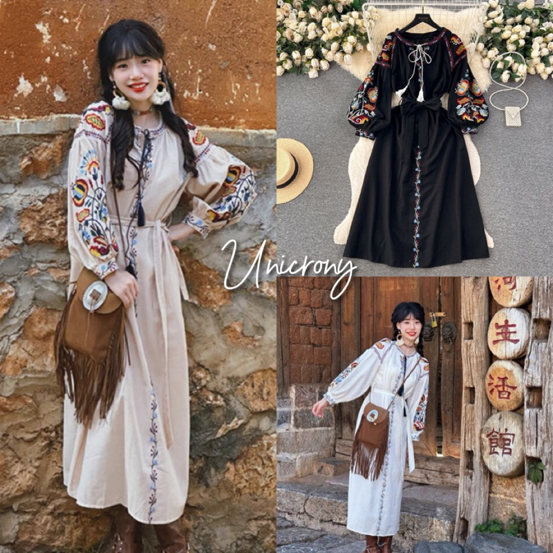 Unicrony พร้อมส่งเดรสยาวลายปัก งานสวย สไตล์โบฮีเมียน สายผูกอก