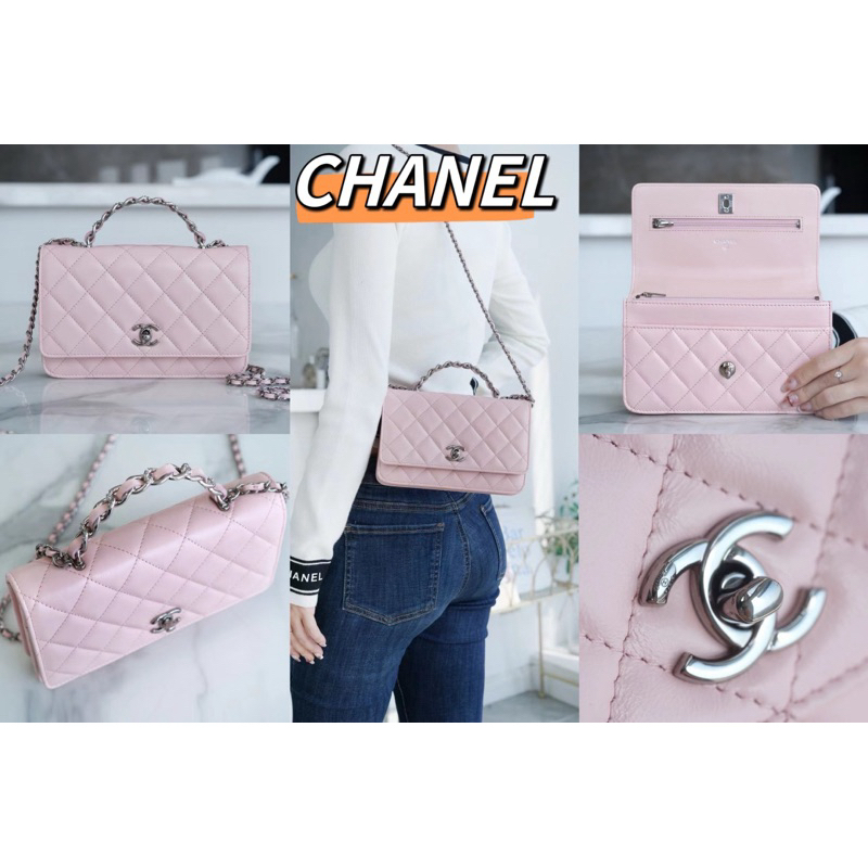 💯   CHANEL 23K New Handle กระเป๋าสะพาย รุ่น WOC กระเป๋าสะพายข้างสีชมพู 👜