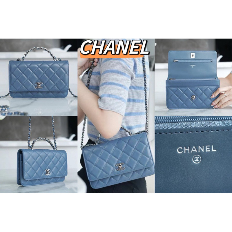 💯   CHANEL 23K New Handle กระเป๋าสะพายไหล่ รุ่น WOC กระเป๋าสะพายไหล่ รุ่น Haze Blue 👜