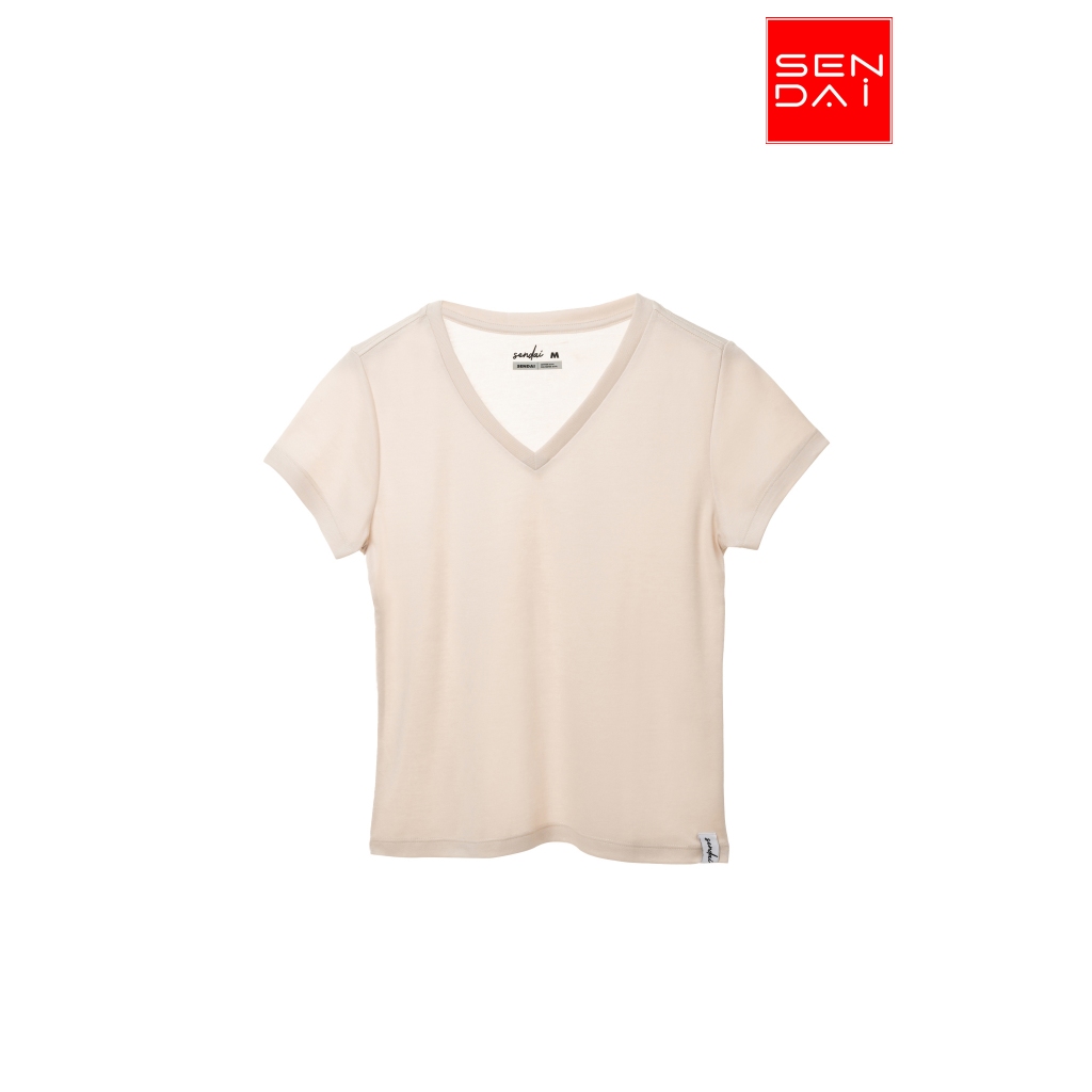 "SENDAI" เสื้อยืดผู้หญิงคอวี สีเบจ