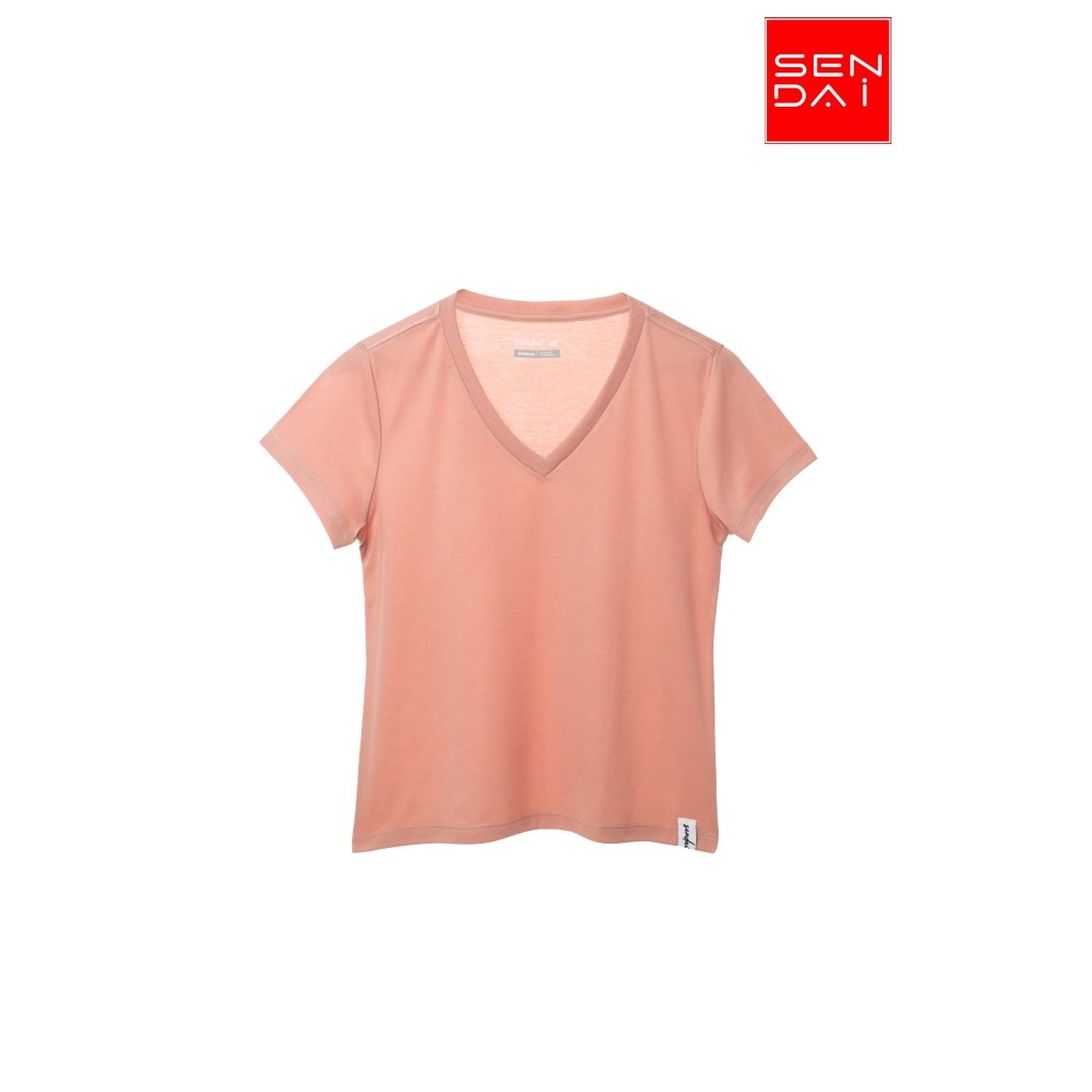 "SENDAI" เสื้อยืดผู้หญิงคอวี สีชมพูเข้ม