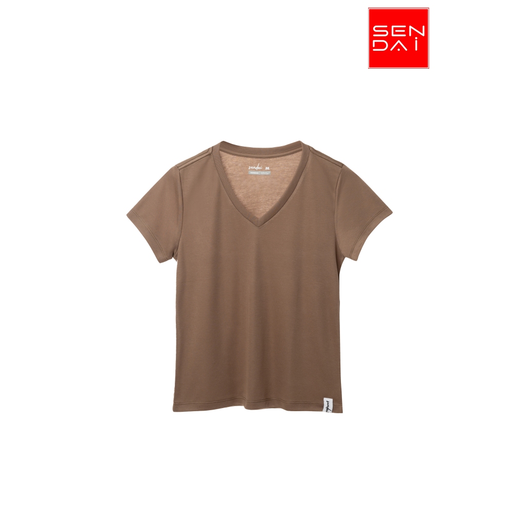 "SENDAI" เสื้อยืดผู้หญิงคอวี สีน้ำตาล