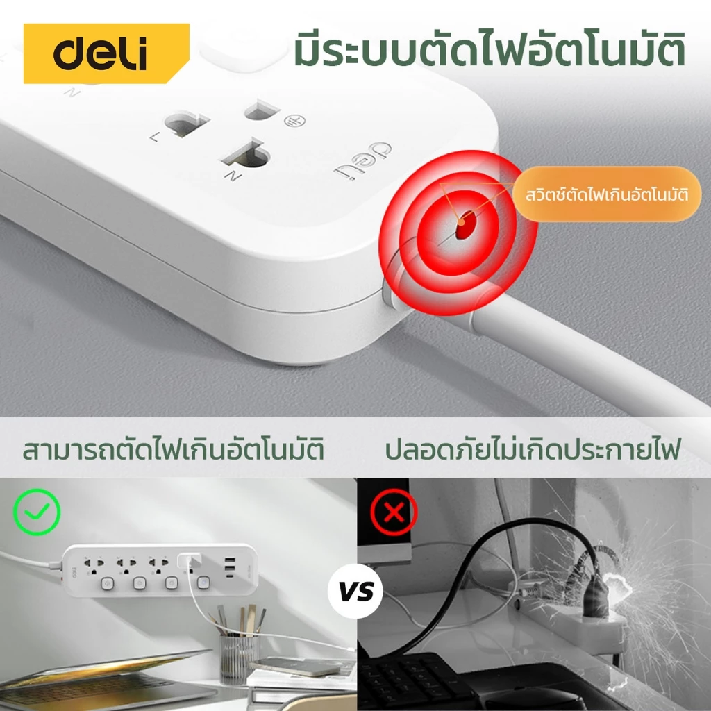 Deli ปลั๊กไฟ USB ปลั๊ก3ตา กำลังไฟ 2300W มอก. สวิตช์ปิด-เปิด ตัดไฟได้ สายยาว 3 5m รับประกันนาน 3ปี Power Socket thumbnail 5