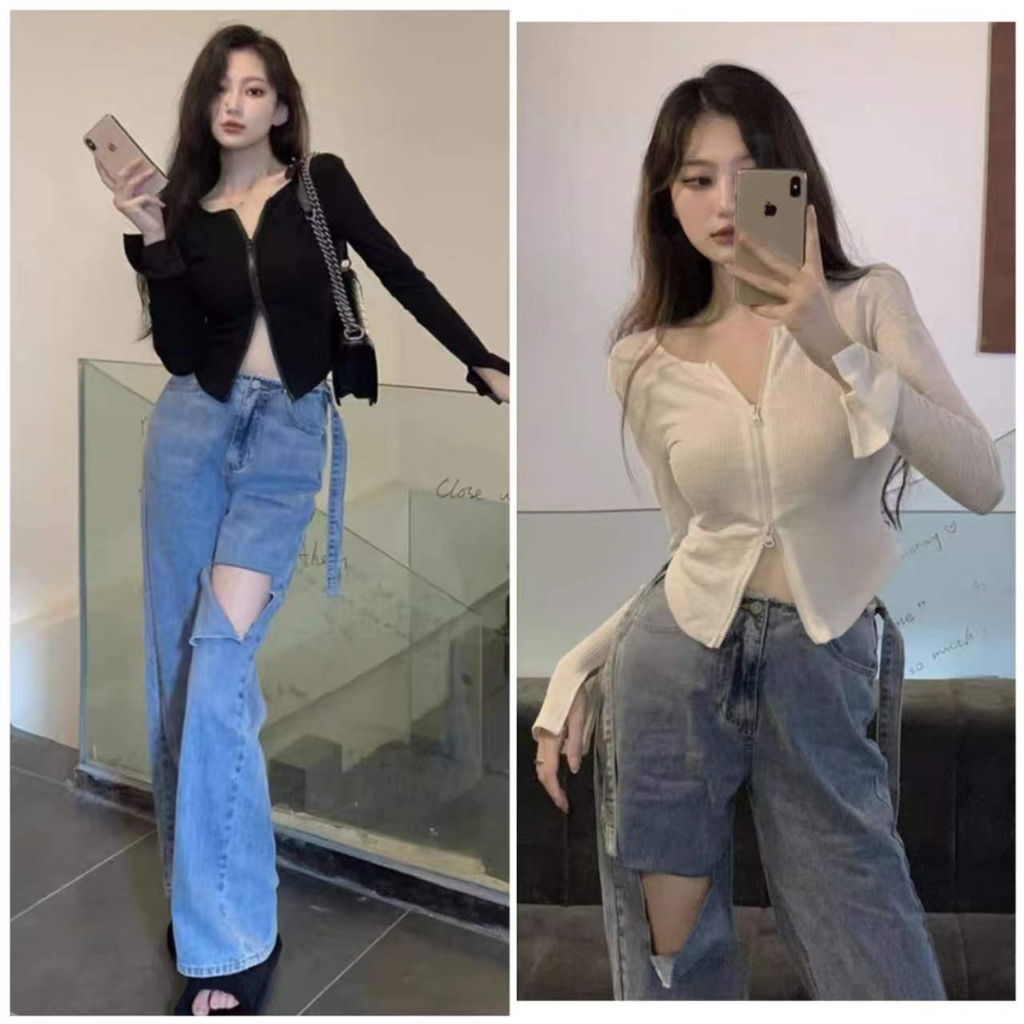 เสื้อครอปแขนยาว แต่งซิปด้านหน้า สไตล์เกาหลี