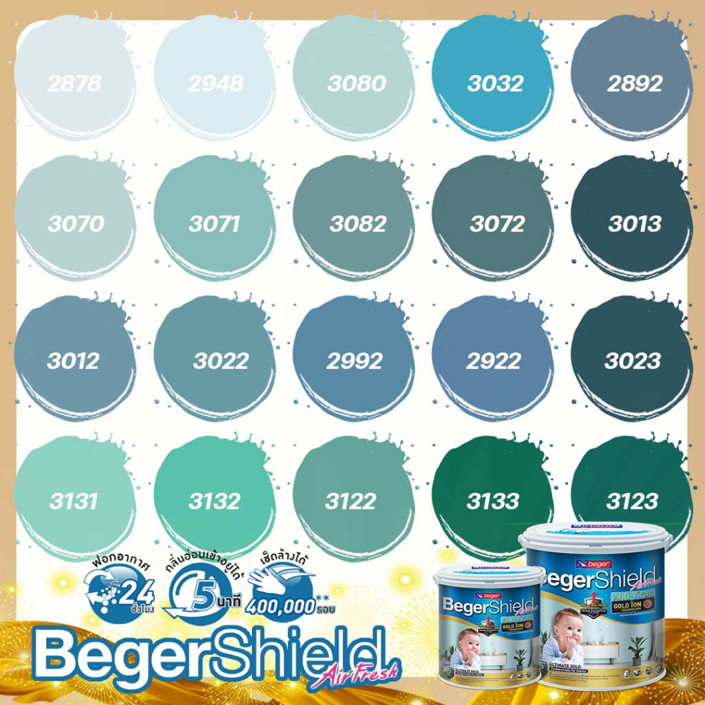 Beger แอร์เฟรช โกลด์ไอออน กึ่งเงา สีฟ้าอมเขียว ขนาด 8.82 ลิตร สีทาภายในเกรดสูง 15ปี ร้านสีบ้านสบาย