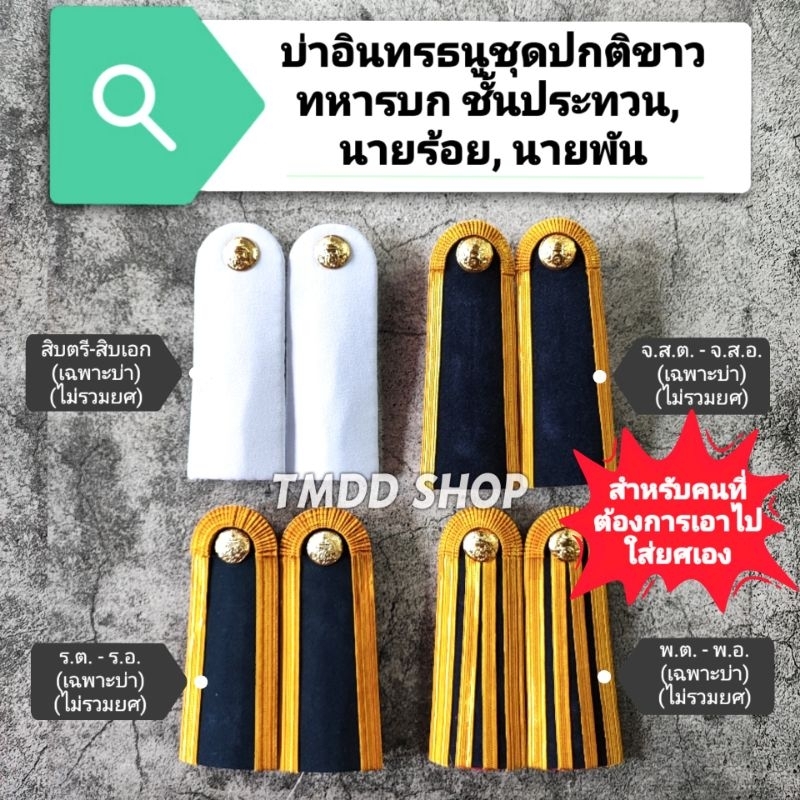 บ่า อินทรธนู ​ชุด​ปกติ​ขาว ทหารบก​ สิบตรี-โท-เอก, จ่าสิบตรี-โท-เอก, ร้อยตรี-โท-เอก, พันตรั-โท-เอก​