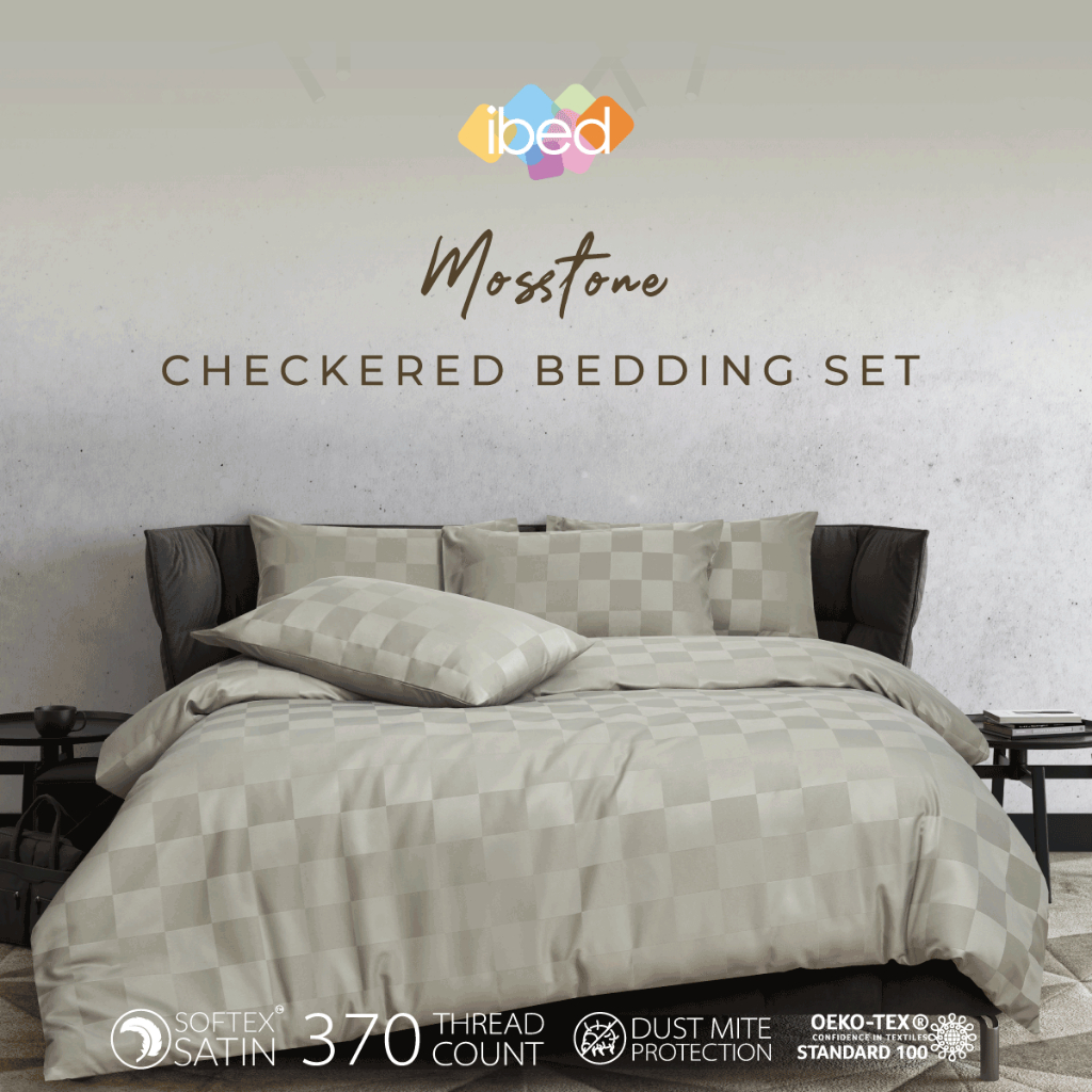 ibed ชุดผ้าปูที่นอนครบเซ็ททอลาย Softex Satin (ทอลายตาราง) Mosstone 3.5 ฟุต,5 ฟุต,6 ฟุต – CHECKERD COLLECTION