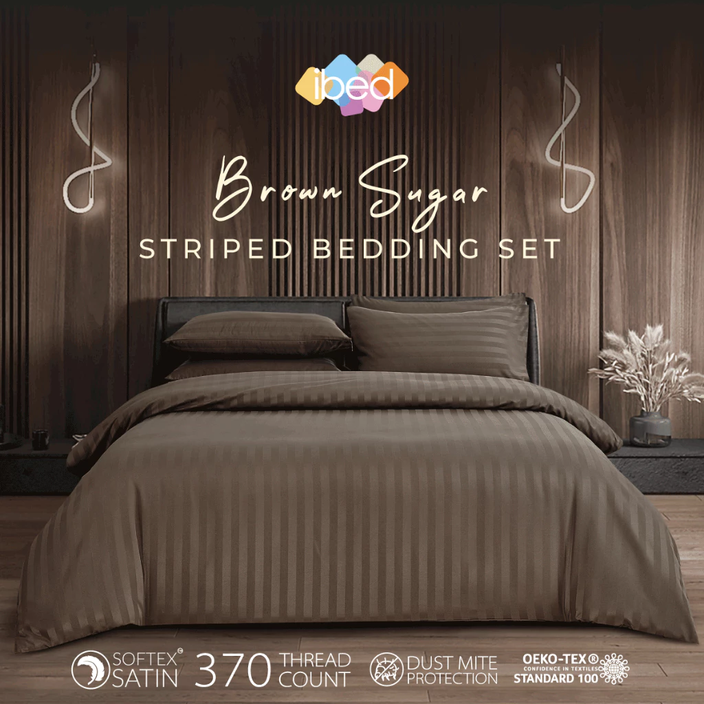 ibed ชุดผ้าปูที่นอนทอลายครบเซ็ท Softex Satin (ทอลายริ้ว) Brown Sugar - STRIPED COLLECTION