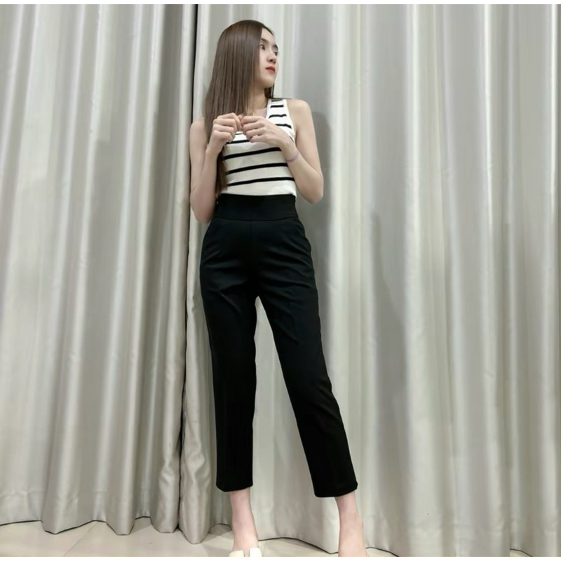 กางเกงขากระบอกเล็ก 8 ส่วนซิปข้างผ้าโรเชฟ