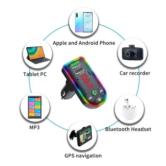 Bluetooth ที่ชาร์จในรถยนต์ 5.0 F7 พร้อมไฟ LED สีสันสดใส 3.1A พอร์ต USB คู่ TYPE-C ตัวคุม FM เครื่องเล่น MP3