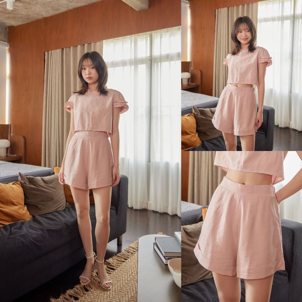 ส่งด่วน 🚨 ครีม/ชมพู/แดง SLYQ MADE CEDAR FOLDED LINEN SHORTS กางเกงขาสั้นเอวสูงผ้าลินิน (ไม่รวมเสื้อ)